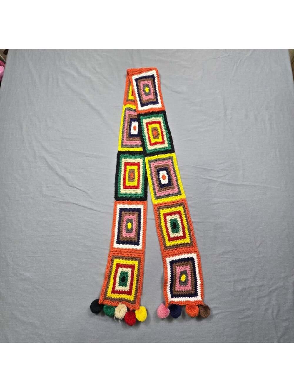 Handmade Crochet Scarf Multi-Color Square Design Pom Poms Boho Festival